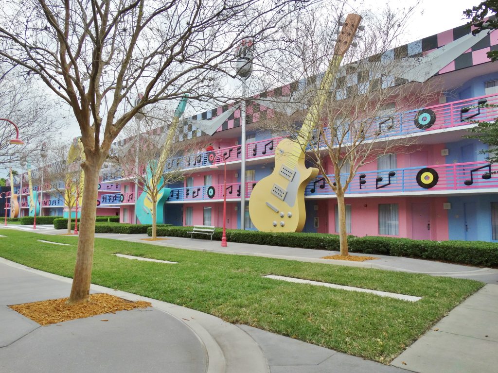 All-Star Music Value Resort building exterior with guitar decorations.